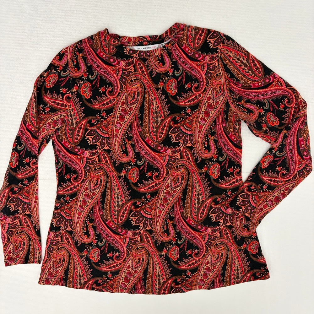 Isaac Mizrahi Live Top Paisley Print Long Sleeve Shirt Size XS Red Black